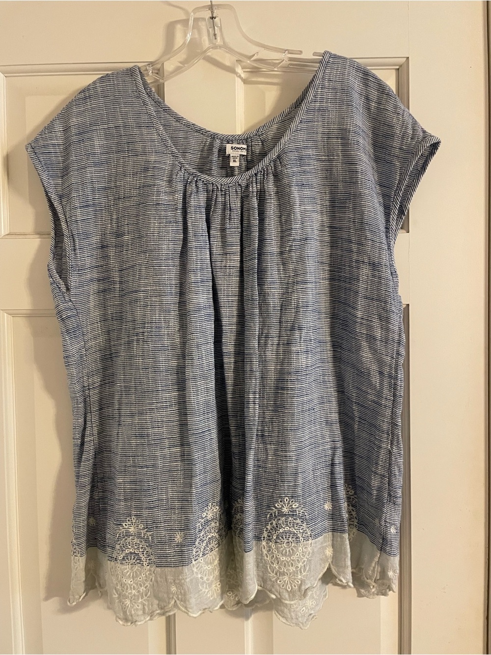 Sonoma Light Blue Striped Cap-Sleeve Tunic with White Embroidered Hem
